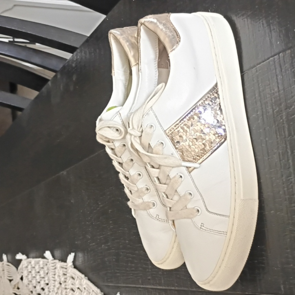 Tory Burch White and Gold Sequin Sneakers